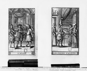 Moliere Harpagonina, etukappale teokselle "The Miser", 1668, ja Molieren (1622-73) "Learned Ladies" -elokuva, 1672, Jean Sauven (fl.1660-91) kaivertama, Pariisissa vuonna 1682 julkaistu (s.