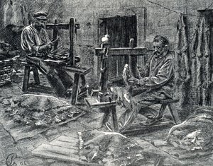 Artesãos descarnando as peles de carneiro Gravura de “Excursion a travers les métiers” de Pierre Calmette Coleção particularfinlandês tekijältä Pierre Calmettes