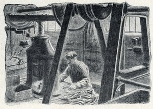 Ruokailuvälineiden leimaus myllyllä Kaiverrus Pierre Calmetten yksityiskokoelmasta "Excursion a travers les metiers" tekijältä Pierre Calmettes