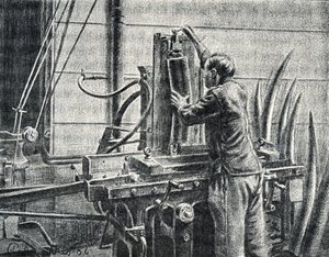 Norsunluukäsityöläinen leikkaa norsun hampaat Kaiverrus Pierre Calmetten yksityiskokoelmasta "Excursion a travers les metiers"