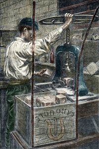 Saippuatehdas: saippuamerkin leimaaminen Pierre Calmetten yksityiskokoelman "Excursion a travers les metiers" kaiverrus
