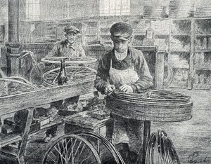 Trabalhadores fixando os raios nos aros de uma bicicleta durante sua fabricação (fabricação de bicicletas) Gravura de Pierre Calmette Coleção particularfinlandês tekijältä Pierre Calmettes