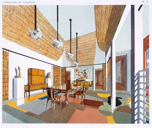 Dining Room siirtomaatyylisesti, teoksesta "Interiors and Colours", julkaistu 1925 (värilitho)