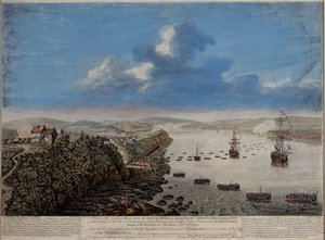 Näkymä Quebecin kaupungin yläpuolella sijaitsevasta laskeutumispaikasta, jossa kuvataan hyökkäystä...Hauteurs DAbraham Septr. 13. joulukuuta 1759, noin 1760