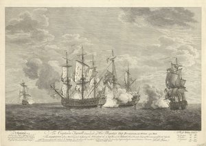 Englantilaisen aluksen hyökkäys kolmea ranskalaista laivaa vastaan ​​St. Eustatiuksen edustalla, 1758