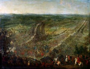 Augsburgin liigan sota: "" Luxemburgin marechal voitti Fleuruksen taistelun Yhdistyneiden provinssien (United Provinces), keisarillisten, Espanjan ja Ison-Britannian liittoutuman aseita vastaan 1.7.1690"" Painting johtuu Pierre Denisistä tekijältä Pierre Denis (attr.to) Martin