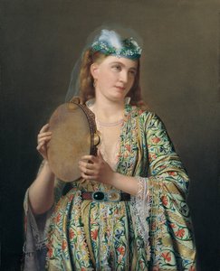 Muotokuva hovinaisesta soittamassa tamburiinia, 1800-luvun toinen puolisko.