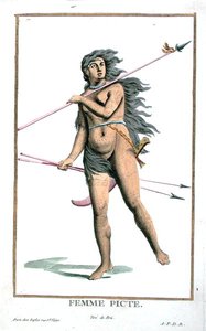 Pictish Woman kirjasta "Receuil des Estampes, Representant des Rangs et des Dignites, kaikkien olemassa olevien kansakuntien puvun mukaan", julkaistu 1780 (käsinvärinen kaiverrus) tekijältä Pierre Duflos