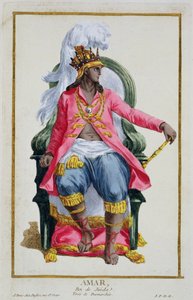 Amar, Ouidahin kuningas, teoksesta "Receuil des Estampes, representant les Rangs et les Dignites, suivant le Costume de toutes les Nations existantes", julkaistu 1780 (käsin väritetty kaiverrus).