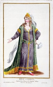 Hyu-Chen, Tšingis-kaanin vaimo, kirjasta "Receuil des Estampes, joka edustaa arvoja ja arvokkaita kaikkien olemassa olevien kansakuntien puvun mukaan", julkaistiin 1780 (käsinvärinen kaiverrus)