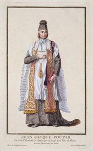Jean-Jacques Poupard teoksesta "Recueil des Estampes, Representant les Rangs et les Dignites, kaikkien olemassa olevien kansakuntien puvun mukaan", julkaistu 1780 (käsinvärinen kaiverrus) tekijältä Pierre Duflos