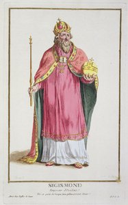 Sigismund (1368-1437) Pyhän Rooman keisari (1433-37) kirjasta "Receuil des Estampes, joka edustaa arvoja ja arvoja kaikkien olemassa olevien kansakuntien puvun mukaan", julkaistu 1780 (käsinvärinen) tekijältä Pierre Duflos