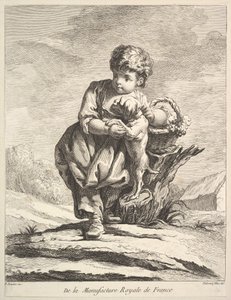 Lapsi koiran kanssa, kädessään viinikori, Premier Livre de Figures daprès les po..., 1757.