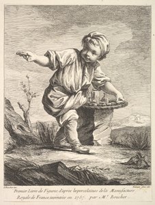 Etukappale, jossa pieni poika pitelee koria, Premier Livre de Figures daprès les po..., 1757.