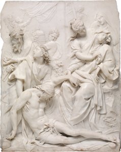 Neitsyt Maria pyörtyi Kristuksen ruumiin yli ristin juurella, 1710. tekijältä Pierre Etienne Monnot