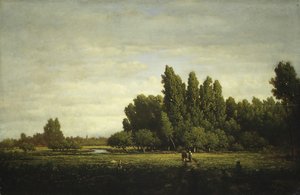 Puiden reunustama niitty, n. 1845. tekijältä Pierre Etienne Theodore Rousseau
