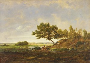 Lampi kukkulan juurella, n. 1848-55 (öljy puulle) tekijältä Pierre Etienne Theodore Rousseau