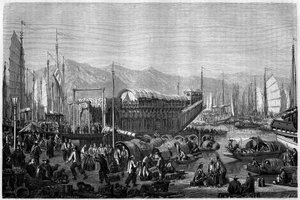 Boat des Fleurs, ravintola ja hauskanpitopaikka Shanghain satamassa vuonna 1860, Kiina. Kaiverrus, Grandsire, julkaisussa "" Le Tour du Monde, Nouveau Journal des Voyages", toimittanut Edouard Charton, Paris