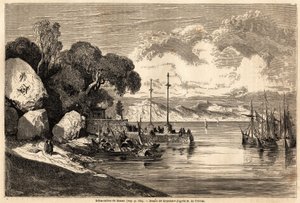 Barcadere de Macau, Grandsiren piirtäminen havainnollistamaan herra de Mogen matkaa Kiinaan ja Japaniin vuosina 1857-1858. Kaiverrus "" Le tour du monde, nouveau journal des voyages"" Paris