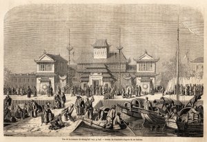 Grandsiren piirtämä Shanghain tullirakennus havainnollistamaan Marquis de Mogesin matkaa Kiinaan ja Japaniin vuosina 1857-1858. Kaiverrus "" Le tour du monde, nouveau journal des voyages"" Paris