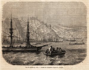 Quebecin näkymä, Grandsiren piirustus havainnollistamaan matkoja Pohjois-Amerikkaan vuosina 1854-1855, kirjoittanut L. Deville. Kaiverrus ”” Le tour du monde”” 1861. Selvan kokoelma.