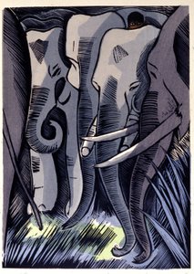 Mogli piiloutuu norsujen selkään. Rudyard Kipling "Viidakkokirja" tekijältä Pierre Falke