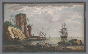 Näkymä rannikolle lähellä Toulonin kaupunkia kuutamossa Vüe ​​des environs de Toulon (otsikko esineessä) tekijältä Pierre François Basan
