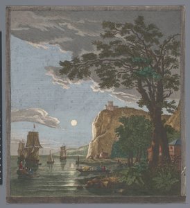 Näkymä rannikolle, jossa on laivoja ja veneitä vedessä kuunvalossa La pleine lune (otsikko esineessä) tekijältä Pierre François Basan