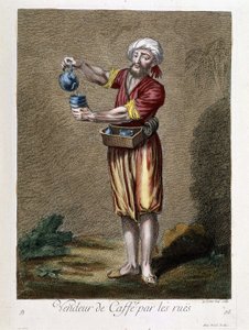 Kahvinmyyjä kaduilla, "" Kokoelma 100 vedosta, jotka edustavat Levantin eri kansoja vuosina 1707 ja 1708"" Porten kuninkaan lähettilään herra de Frriolin määräyksestä ja päivitetty vuosina 1712-13 M. Le Hay, Basanin kaivertaja, Par tekijältä Pierre François Basan