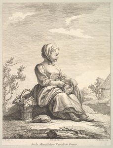 Pieni tyttö pitelee viinirypäleitä ja kori rinnallaan, Deuxième Livre de..., vuoden 1757 jälkeen.