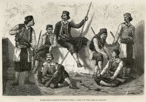 Krivoscianit, Bouches de Cattaron (tai Kotorin lahden Montenegron etelärannikolla) vuorikiipeilijät, aseet vastustamaan Itävallan joukkojen tunkeutumista. Kaiverrus P. Fritelin piirustuksen jälkeen, havainnollistamaan matkaa Dalmatiaan, kirjoittanut C