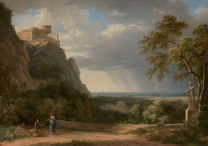 Klassinen maisema hahmoilla ja veistoksella tekijältä Pierre Henri de Valenciennes