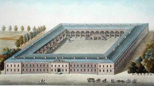 Jalkaväen kasarmi Ypresissä, Pierre Jacques Goetghebuerin teoksesta "Choix des Monuments, Edifices et Maisons les plus remarquables du Royaume des Pays-Bas", kaiverrettu W. Lobryn (s.1774) toimesta, julkaistu 1827 (akvatintta).