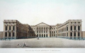 Palace of the Estates General, Bryssel, Pierre Jacques Goetghebuerin "Alankomaiden kuningaskunnan merkittävimpien monumenttien, rakennusten ja talojen valinta", julkaistu 1827 (akvatinta)