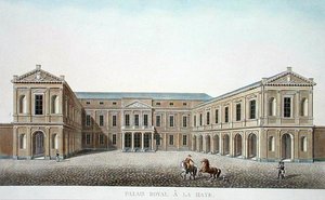 Palais Royal, Haag, Pierre Jacques Goetghebuerin teoksesta "Alankomaiden kuningaskunnan merkittävimpien monumenttien, rakennusten ja talojen valinta", julkaistu 1827 (akvatinta)