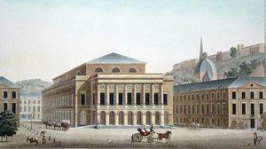 Liegen teatteri, Pierre Jacques Goetghebuerin teoksesta "Alankomaiden kuningaskunnan merkittävimpien monumenttien, rakennusten ja talojen valinta", kirjailijan kaiverrus, julkaistu 1827 (akvatinta) tekijältä Pierre Jacques Goetghebuer