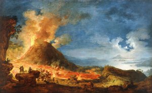 Vesuvius purkautumassa, nähtävyyksien katselijat etualalla, tekijältä Pierre Jacques Volaire