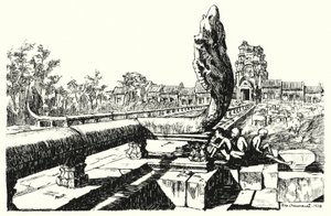 Angkor Vatin puistossa Länsi-Gopuras (kaiverrus)