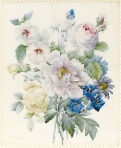 Kimppu kukkia, mukaan lukien pioni, ruusut, hibiscus, asterit, gentian ja kuvitteellinen sininen perhonen (grafiitti ja wc, jossa arabikumia grafiitin päällä perhosella)