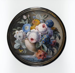 Kilpikonnankuorilaatikko, jossa on miniatyyri kukkia kivimaljakossa marmorilaatalla, 1827 (wc ja vartalon väri kortilla, lasin alla kullatussa metallissa)