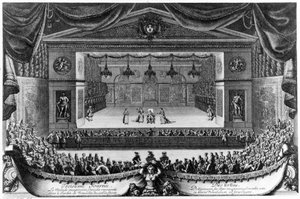 Kolmas päivä: Le Malade imaginaire (Molière), komedia, joka esitettiin Versaillesin puutarhassa luolan edessä vuonna 1676, Pierre Lepautren (1660-1744) kaiverrus