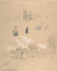 Tutkimusarkki, jossa on hahmoja ja maisemia Arnemuidenissa lähellä Middelburgia..., 1800-luvun puoliväli.