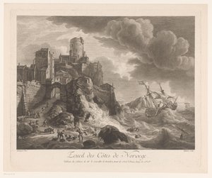 Norjan rannikko rantaan huuhtoutuneilla merimiehillä Ecueil des Côtes de Norway (otsikko esineessä) tekijältä Pierre Maloeuvre