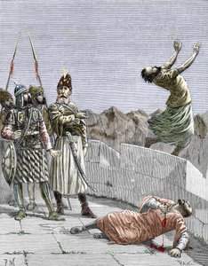 Idän ismaililahko tai murhaajat, jonka perusti Hassan ibn al-Sabbah (1036-1124), joka tunnetaan Vuoren vanhana miehenä", edustaja käski kahta fanaattisista seuraajistaan tappamaan itsensä, Alamut, Persia, noin 1096" (Nizari) Ismailismi: Hassanin edustus