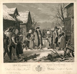 Ludvig XVI almujen jakaminen köyhille talonpojille talvella 1788 n. 1817. tekijältä Pierre Michel Adam