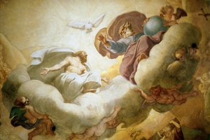 Yksityiskohta Pyhää Kolminaisuutta kuvaavan kupolin sisäpuolen maalauksesta, 1663-65 fresko katso myös 252650 tekijältä Pierre Mignard