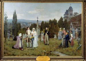 Pieten tytäryhtiö Wedding Scene, nuoret morsiamet kokoontuvat yhden nuoren morsiamen kuolleen isän haudalle. Pierre Otinin (1840-1899) maalaus 1800-luvulta. Fecamp, taiteen museokeskus tekijältä Pierre Outin