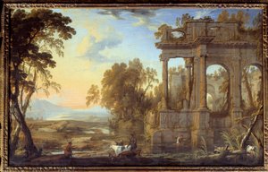Maisema raunioiden ja pastorien kanssa Pierre Patel Peren maalaus (1605-1676) 1600-luvun aurinko. 0,53x0,83 m