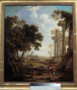 Mooses hautasi hiekan alle Egyptiläisen, jonka hän oli tappanut Mooses oli tappanut egyptiläisen, joka oli lyönyt heprealaista. Pierre Patel Isän maalaus (1605-1676). Himmeä. 0,94x0,84 m. 17. vuosisata.