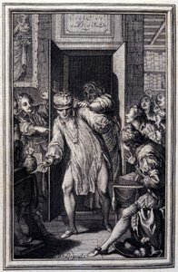Kuningas Candaule ja oikeustieteen maisteri - Jean La Fontainen teoksessa Tales et nouvelles en vers. 1776. Kuvitus P.P. Choffard. tekijältä Pierre Philippe Choffard